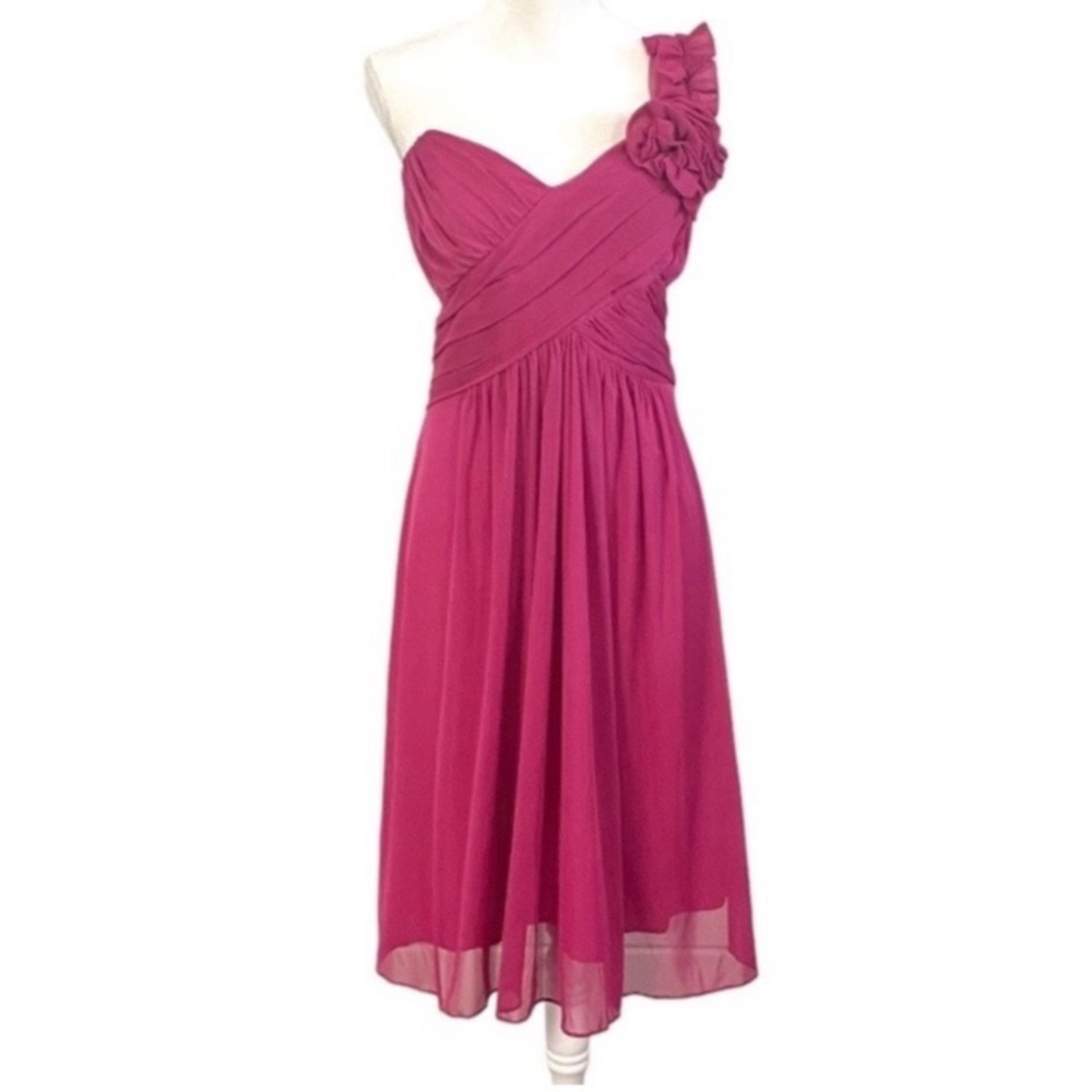 Vintage 90s Pink Chiffon One Shoulder Dress Prom Rosette Ruched Knee Length 3X